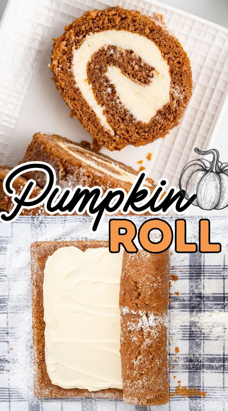 Sliced pumpkin roll cake served on a white plate. Rolling the cake and cream cheese filling into pumpkin roll.
