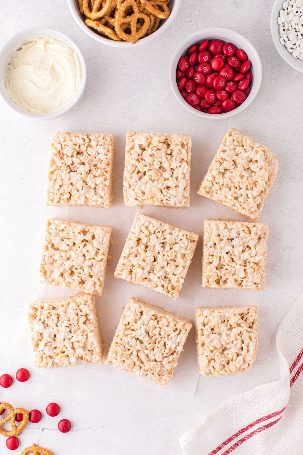 Cut the Rice Krispies treats into 2x3 inch rectangles