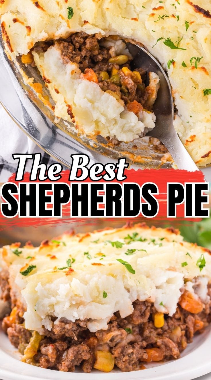 A metal spoon digging into a pan of shepherds pie.