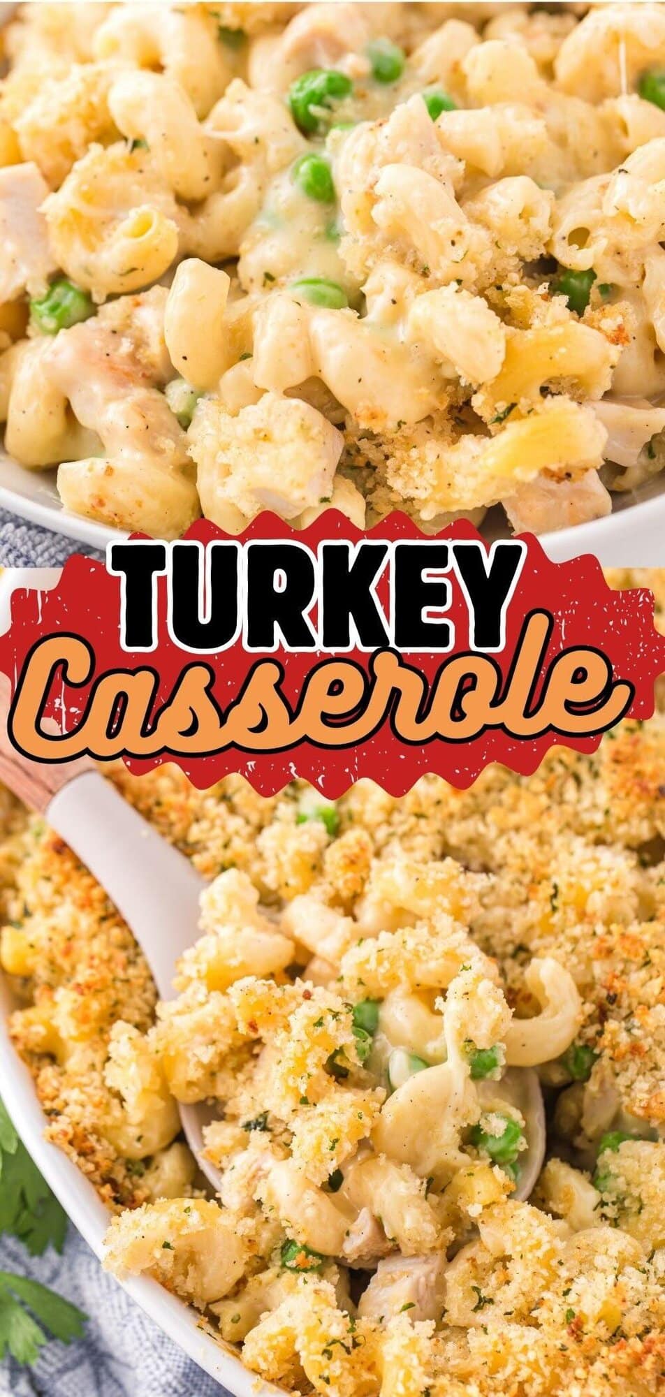 A spoon digging into creamy Turkey Casserole