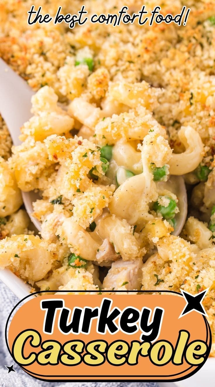 Close up of Turkey Casserole topped with breadcrumbs and chopped parsley