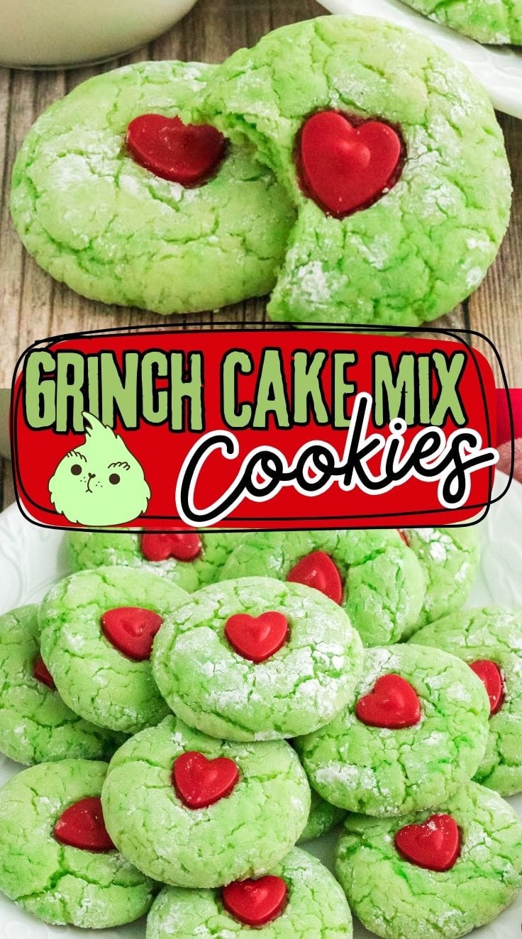 A bunch of Grinch Cake Mix Cookies served on a white plate