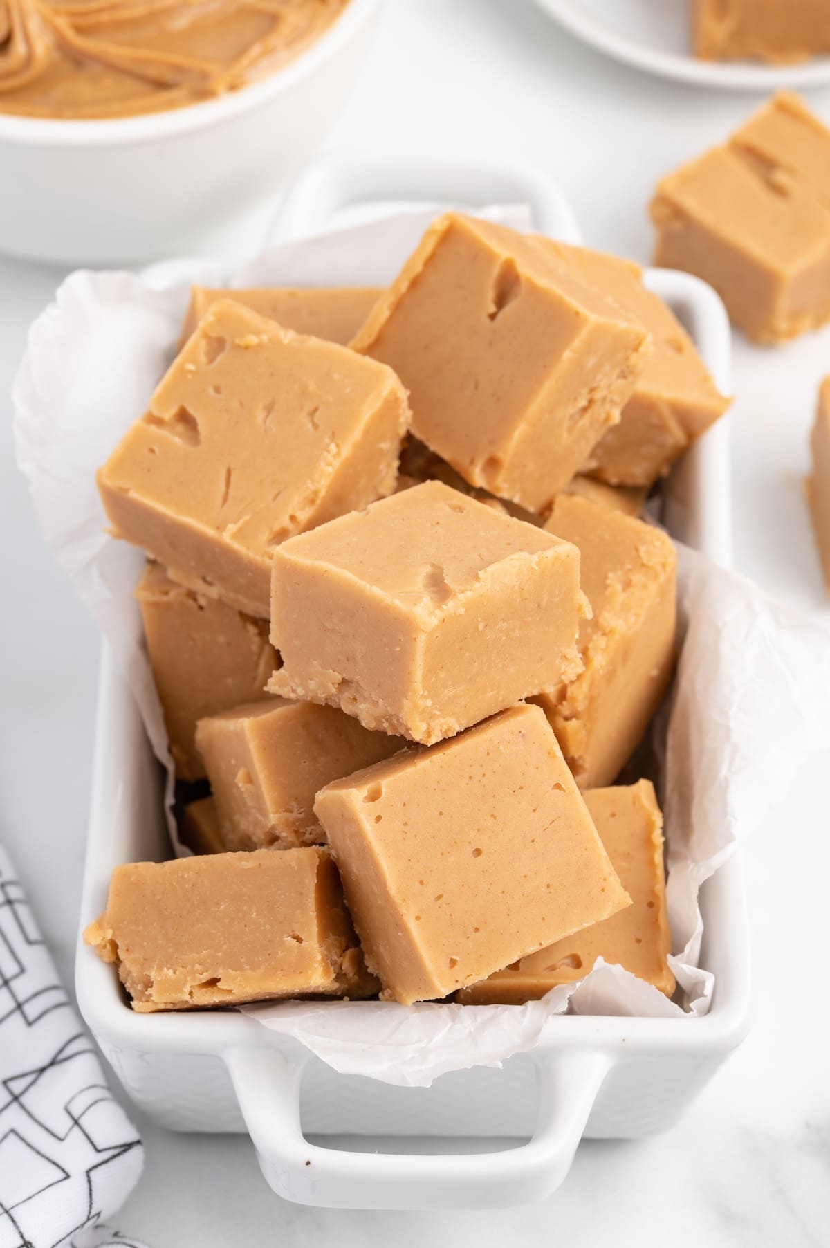 peanut butter fudge stacked inside a container.