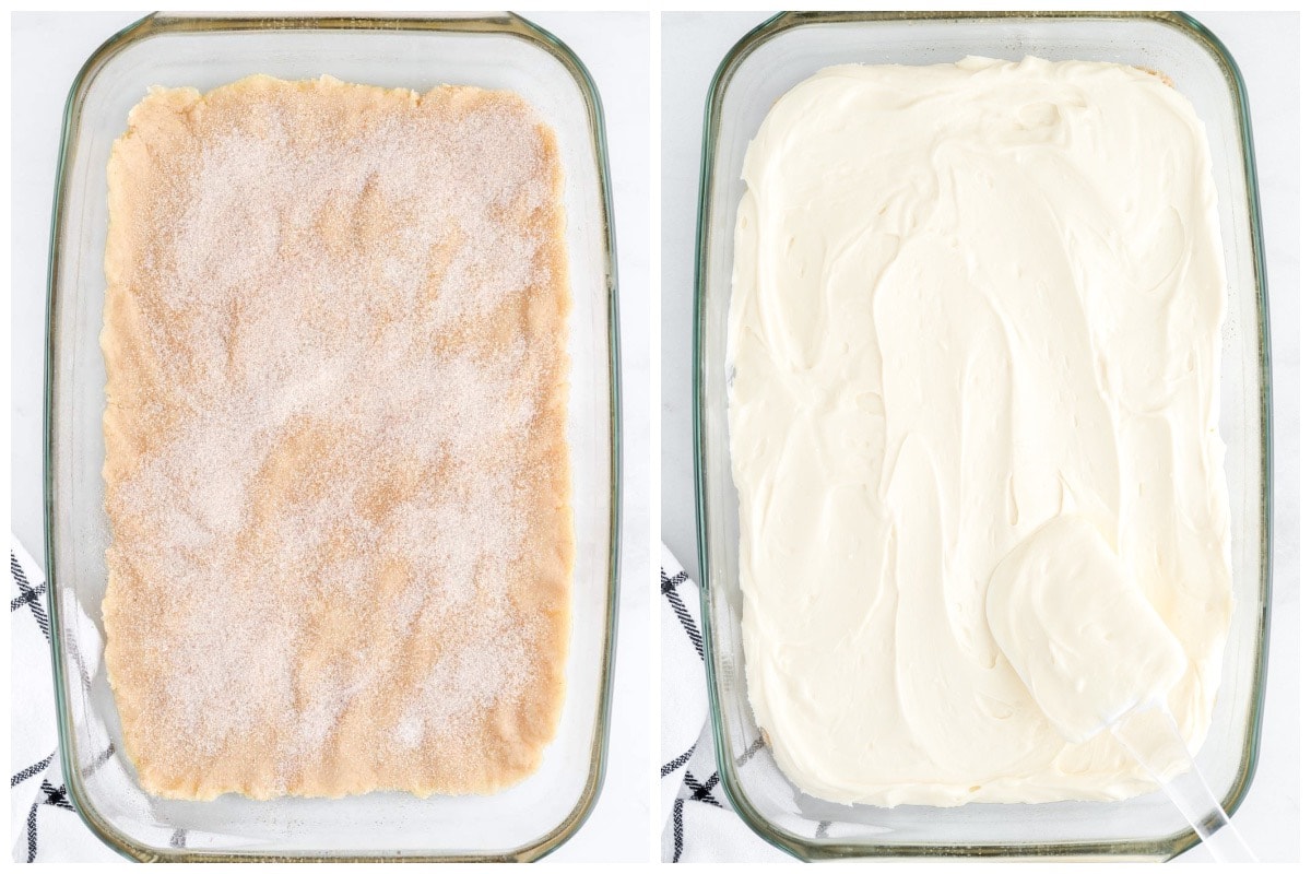 layers of sugar and cream cheese in baking dish