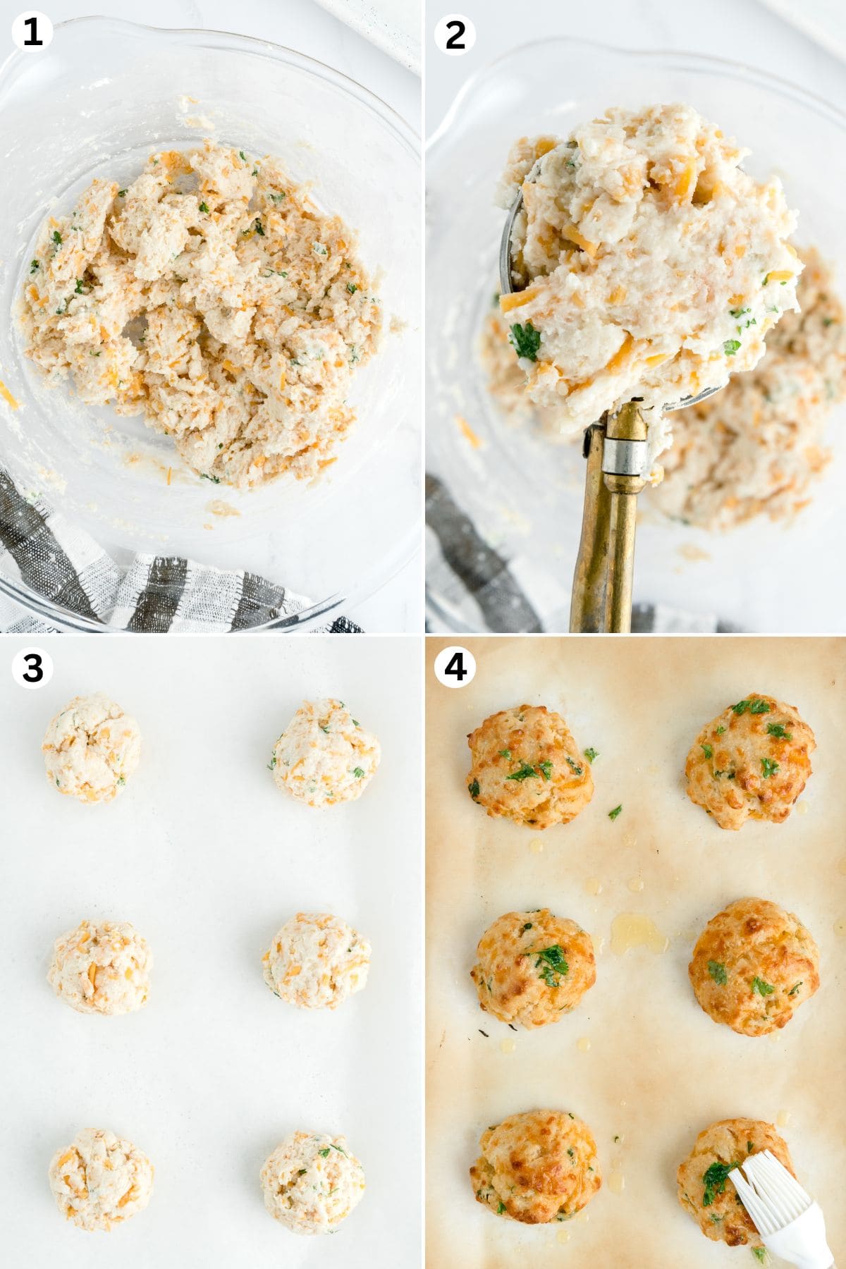 make the biscuit batter and scoop into balls. place in baking sheet and bake. 