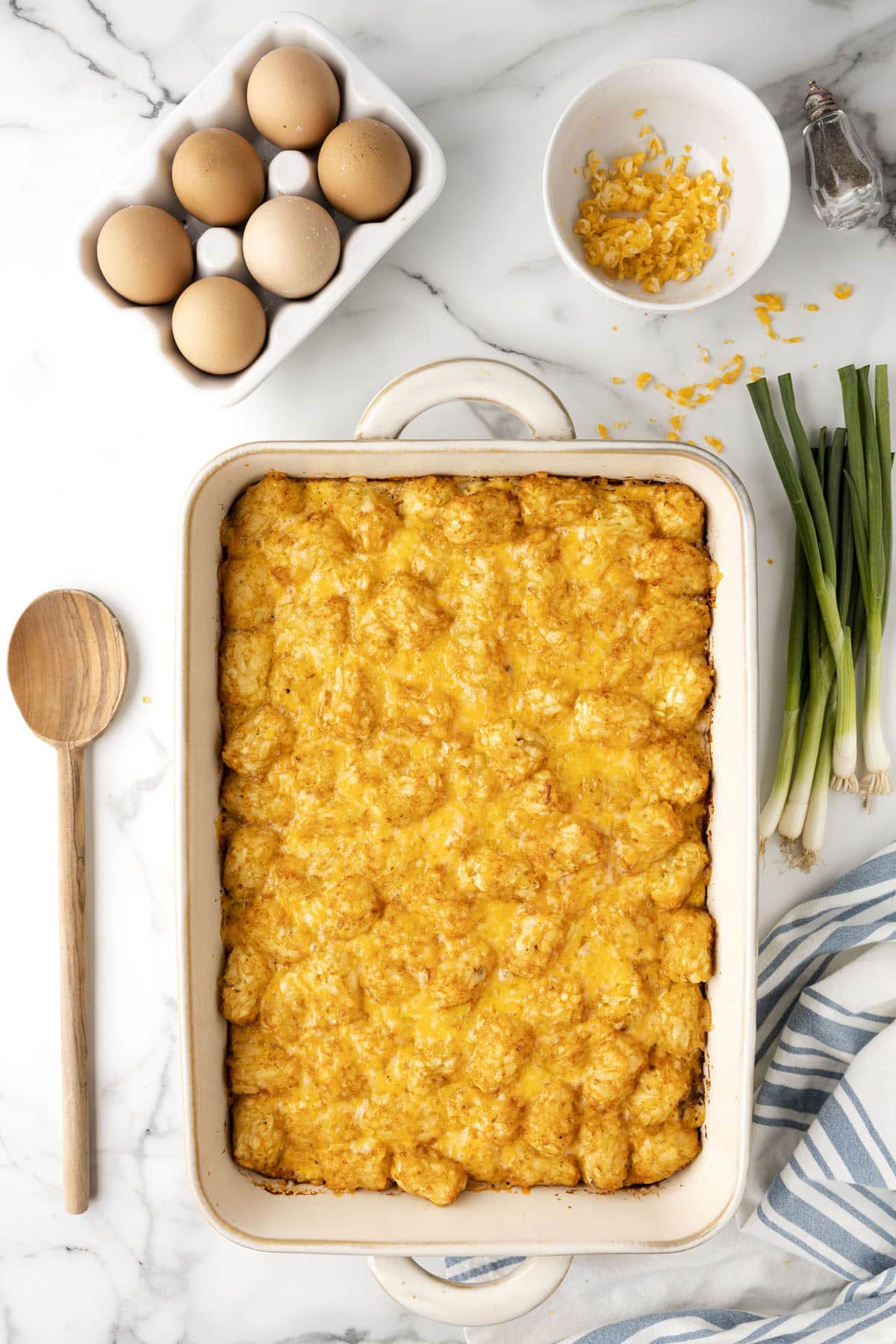 Tater Tot Breakfast Casserole in  casserole dish