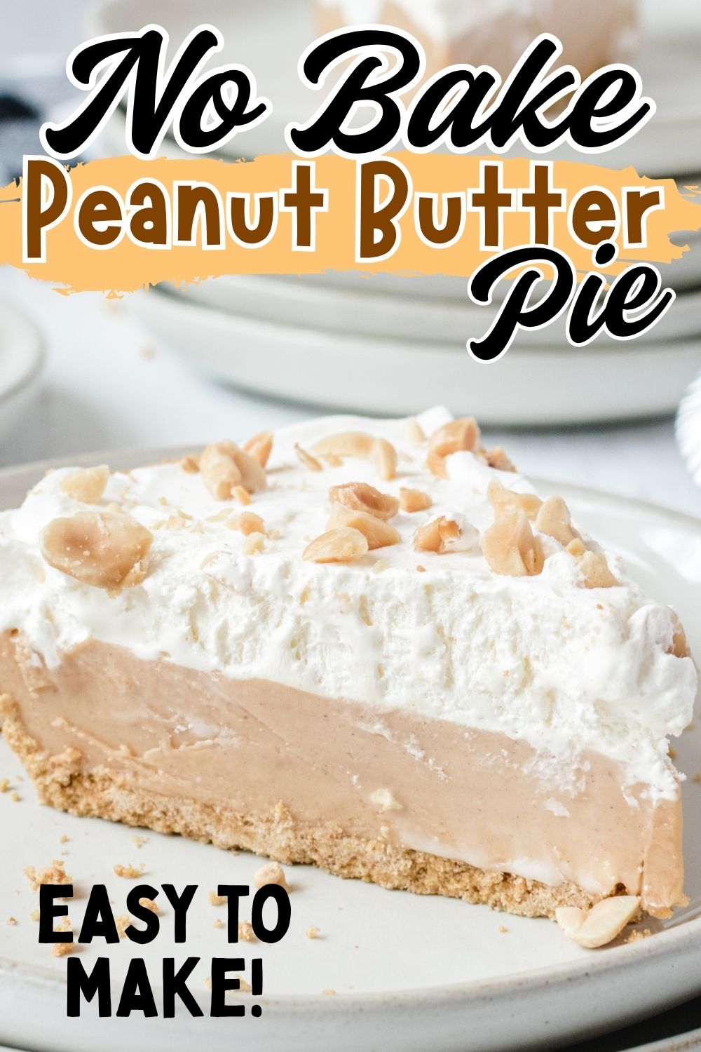 Close up of a slice of No Bake Peanut Butter Pie served on a white plate.
