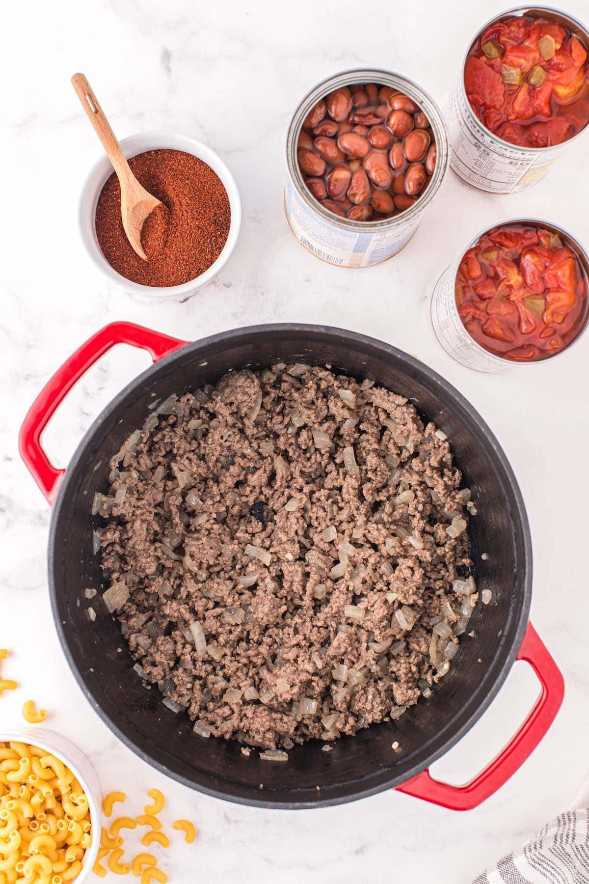 ground beef in a pot