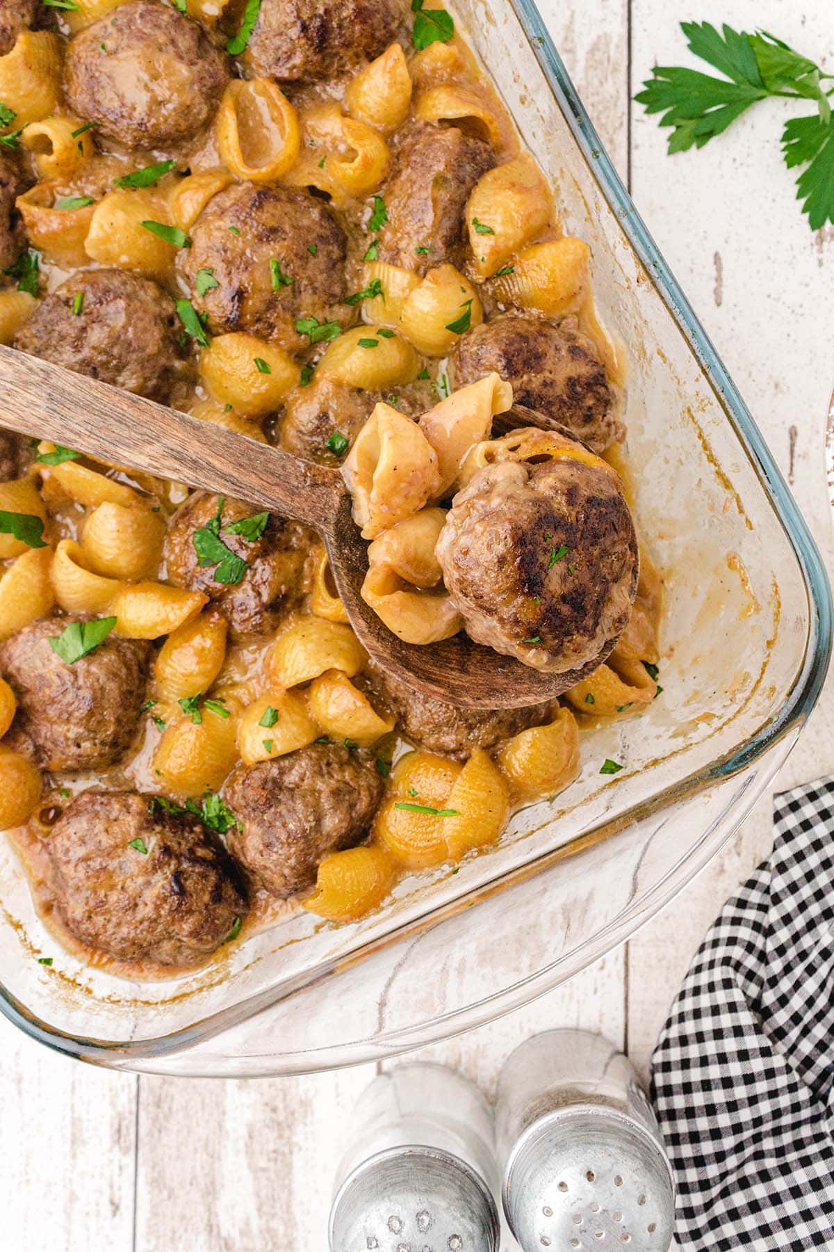 A box filled with different types of food, with Meatball and Recipes