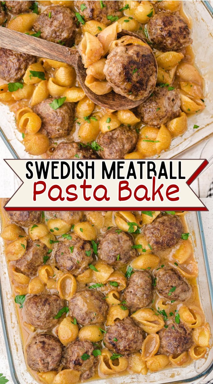 A wooden spoon digging into Baked Swedish meatball pasta casserole served in a baking dish, golden and creamy with pasta and meatballs.