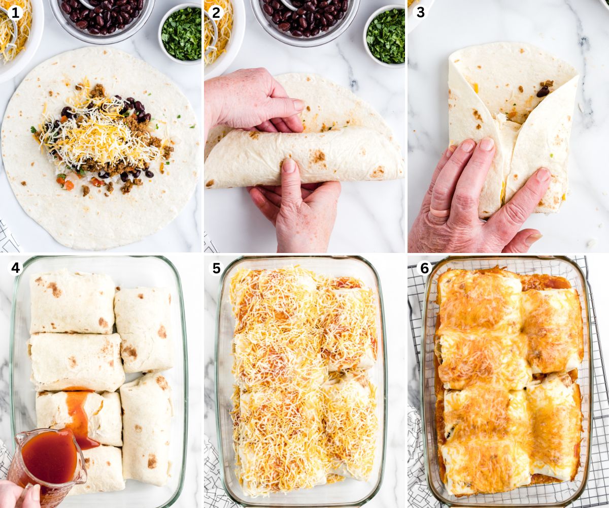 filling tortillas with beef, beans, rice, and cheese, rolling them up, placing in a baking dish, pouring enchilada sauce over the top, adding shredded cheese, and baking until golden and bubbly.
