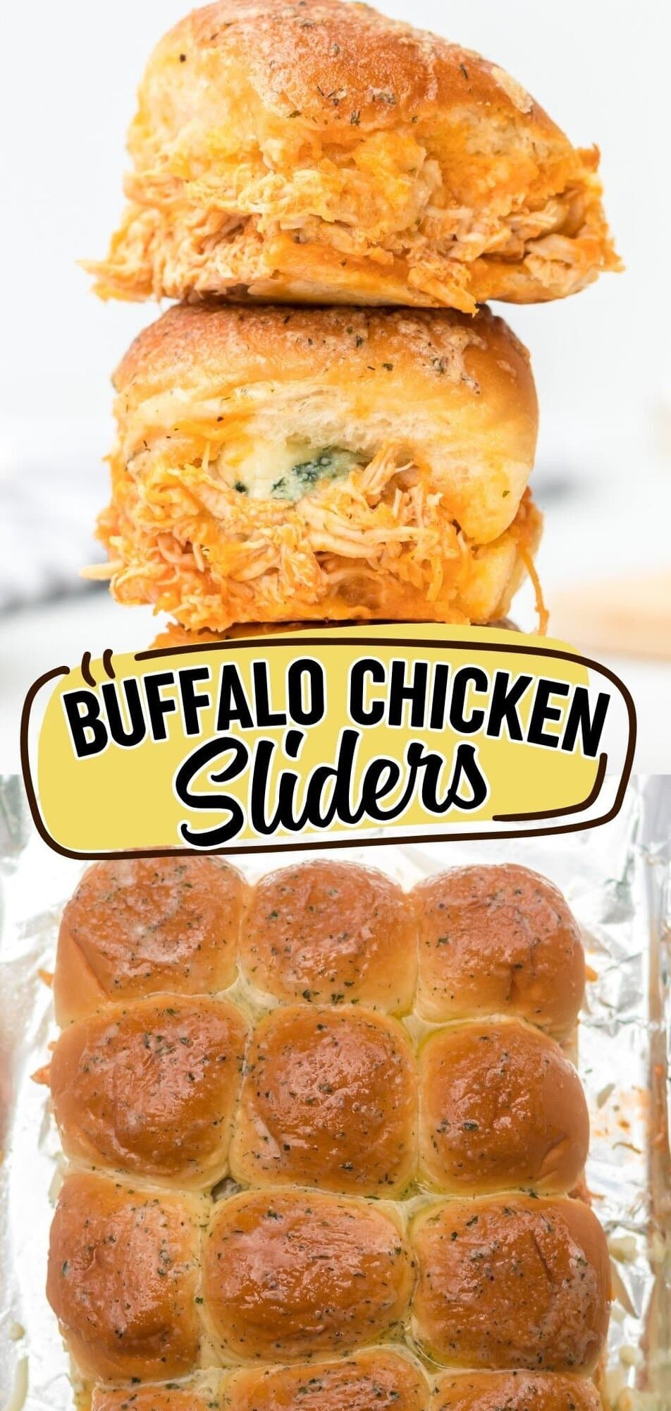 Baked buffalo chicken sliders stacked on top of each other.
