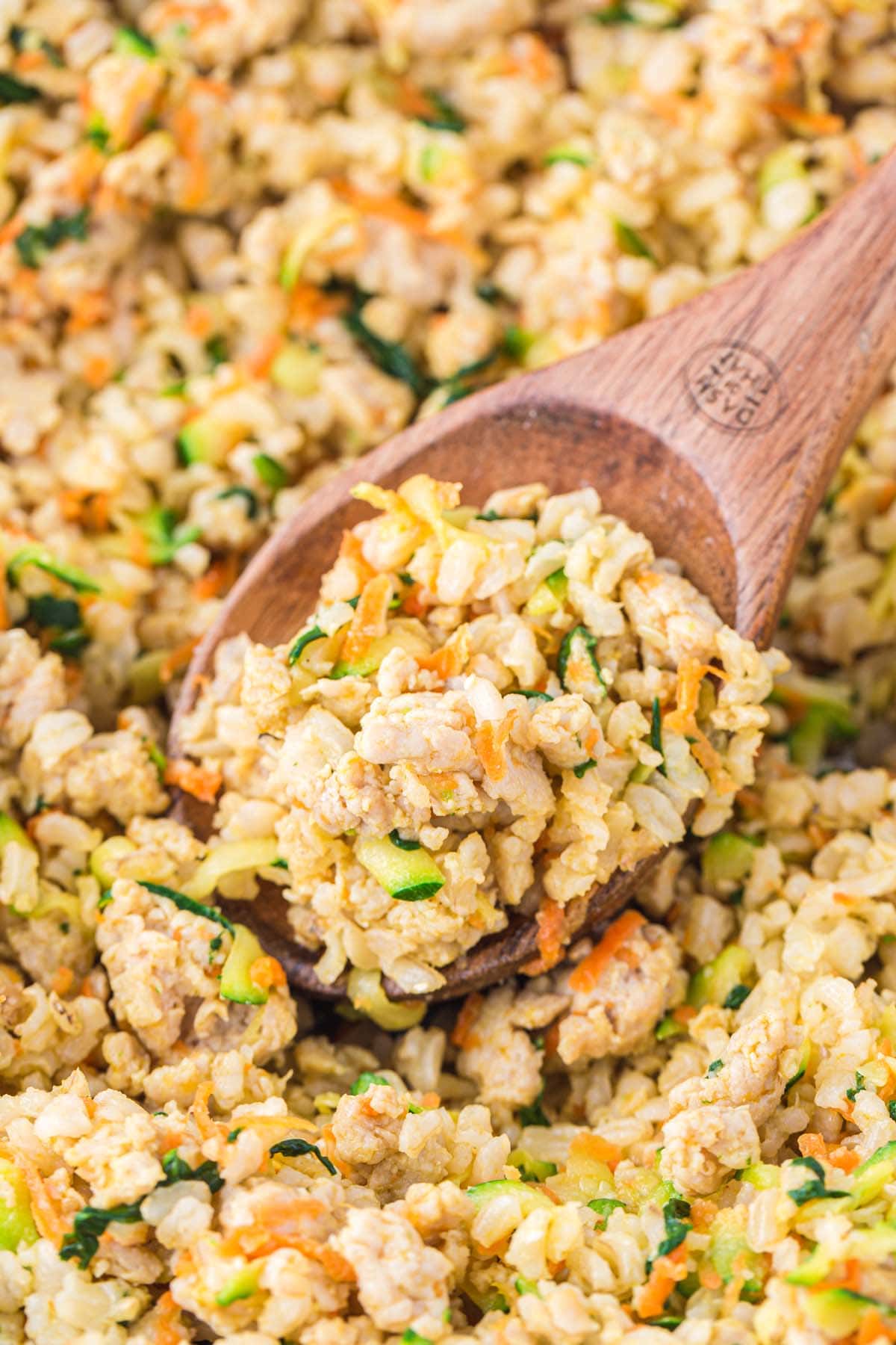 Wooden spoon scooping homemade dog food with rice, turkey, and vegetables.