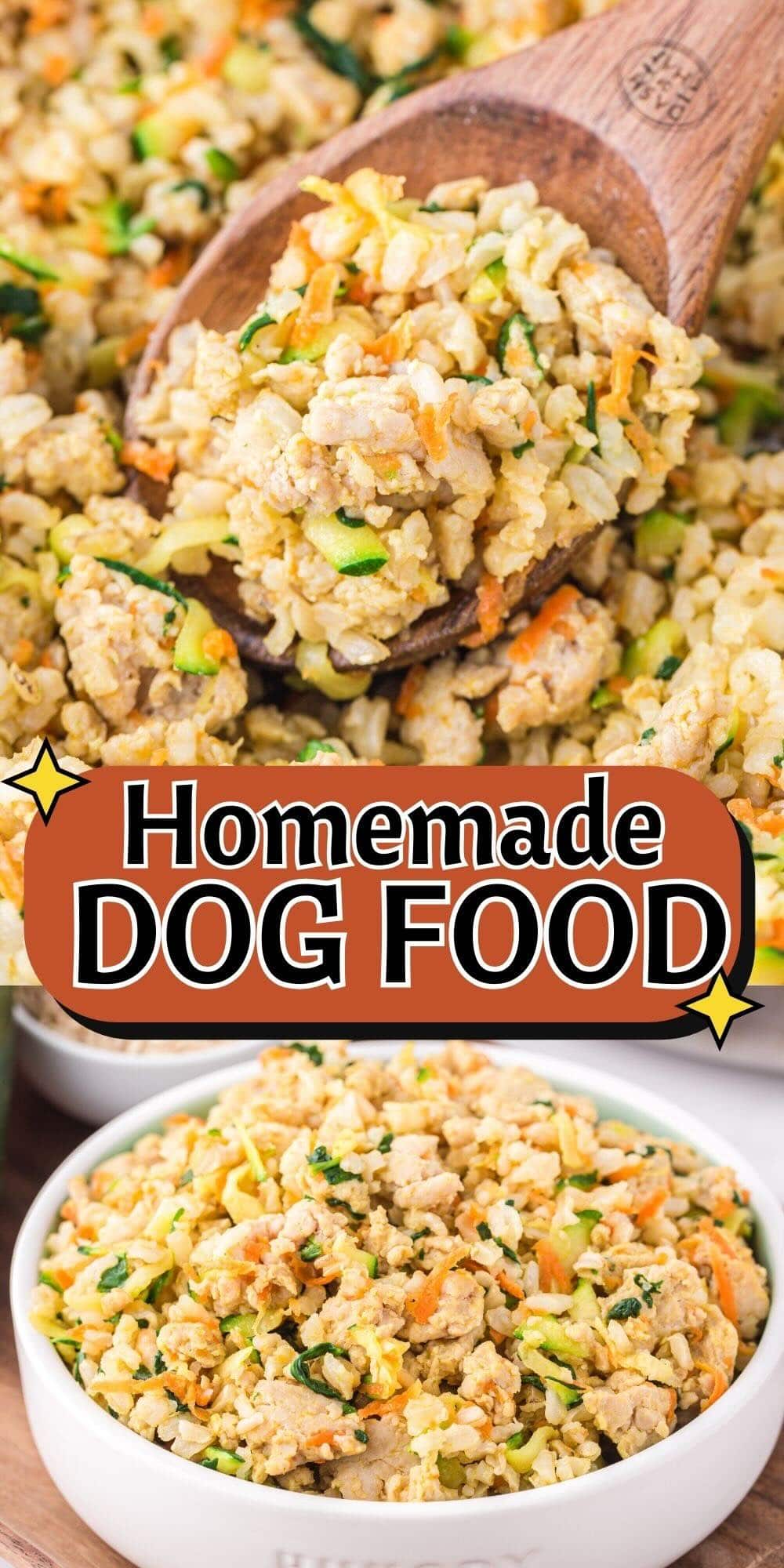 a wooden spoon diggig into Homemade Dog Food made from rice and veggies.