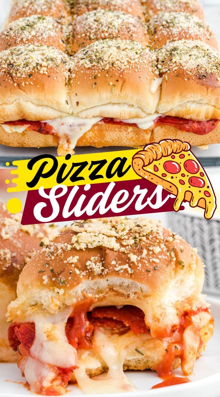 Half bitten pizza sliders with melted cheese and sauce coming out of the bun.