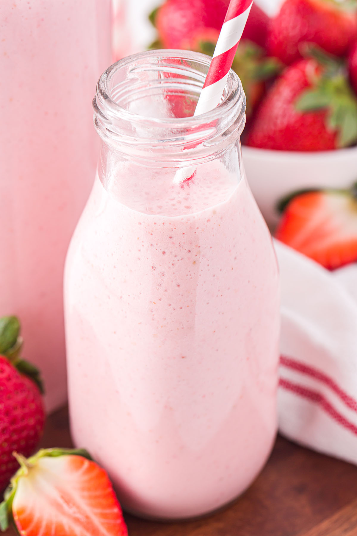 strawberry milk in a glass bottle