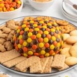 Peanut butter cheese ball covered in Reese's Pieces, surrounded by graham crackers, animal crackers, pretzels, and vanilla wafers.