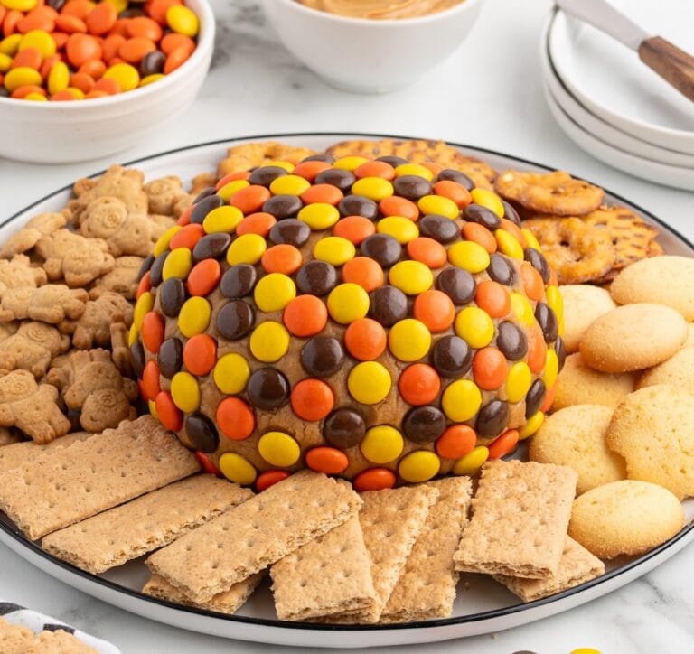 Peanut butter cheese ball covered in Reese's Pieces, surrounded by graham crackers, animal crackers, pretzels, and vanilla wafers.
