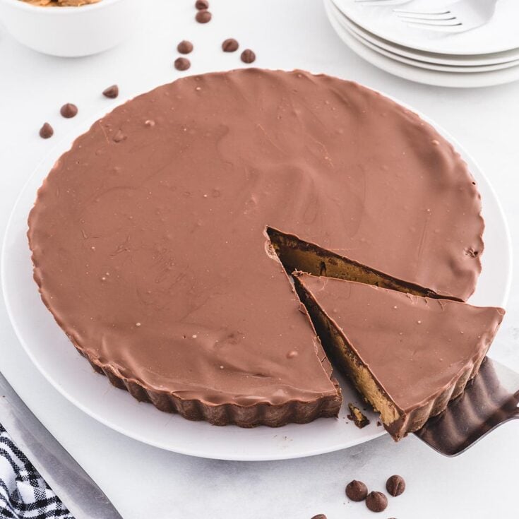 Slice of Reese's Peanut Butter Cup Pie with thick chocolate top and creamy peanut butter filling.