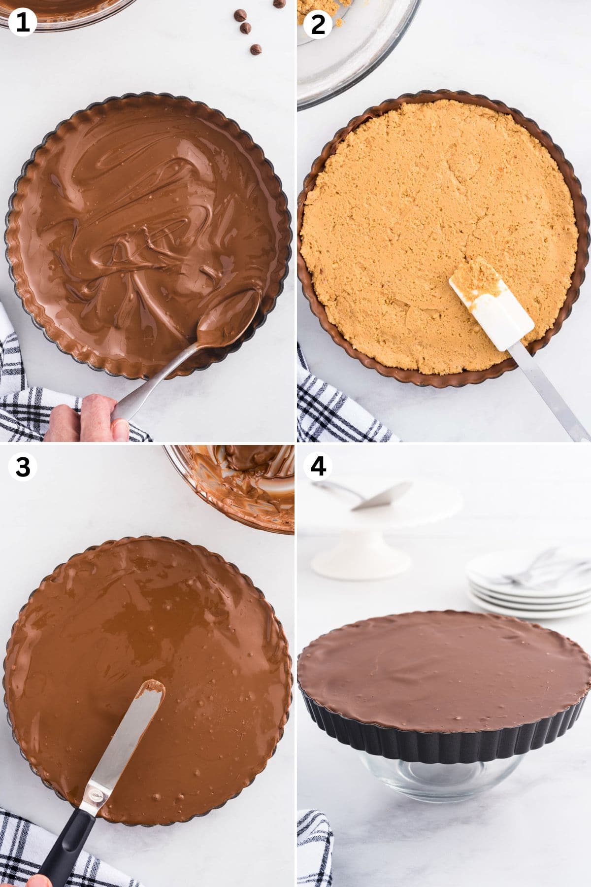 spread melted chocolate in a pan, layer with peanut butter mixture, top with more chocolate, and chill until set.