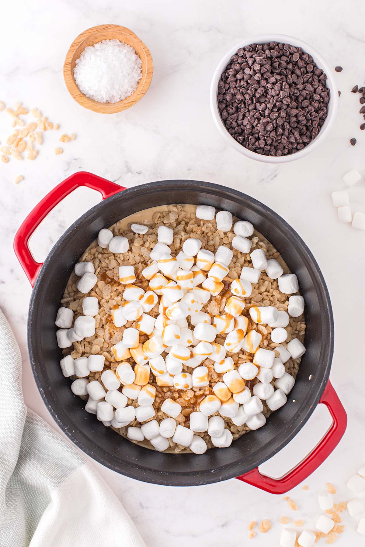 add mini marshmallows into the pan