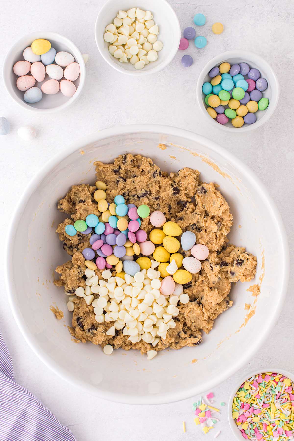 fold in the eggs, M&M's and chocolate chips
