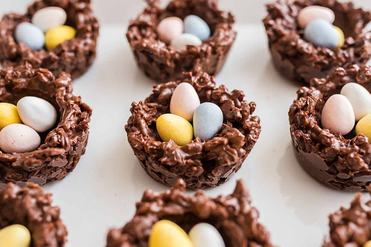chocolate bird nest lined up on a tray