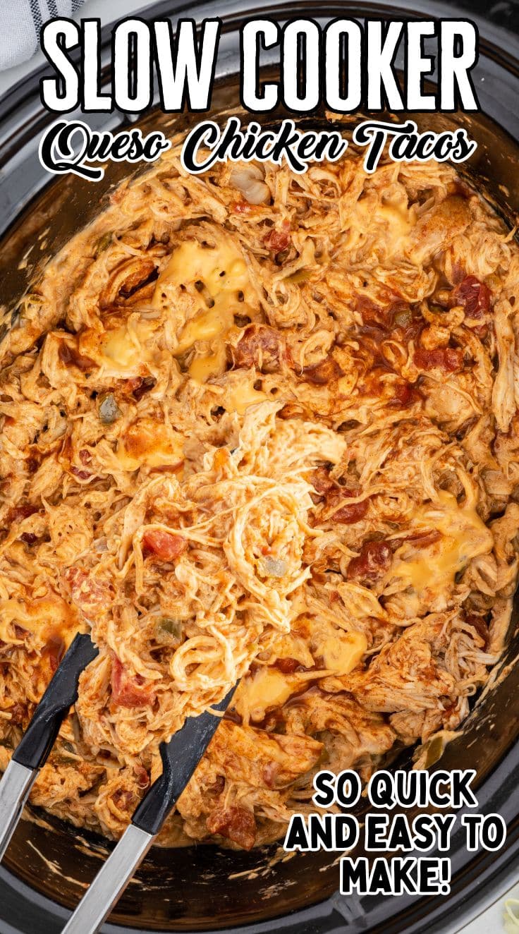 A tong grabbing Slow Cooker Queso Chicken Tacos filling from slow cooker