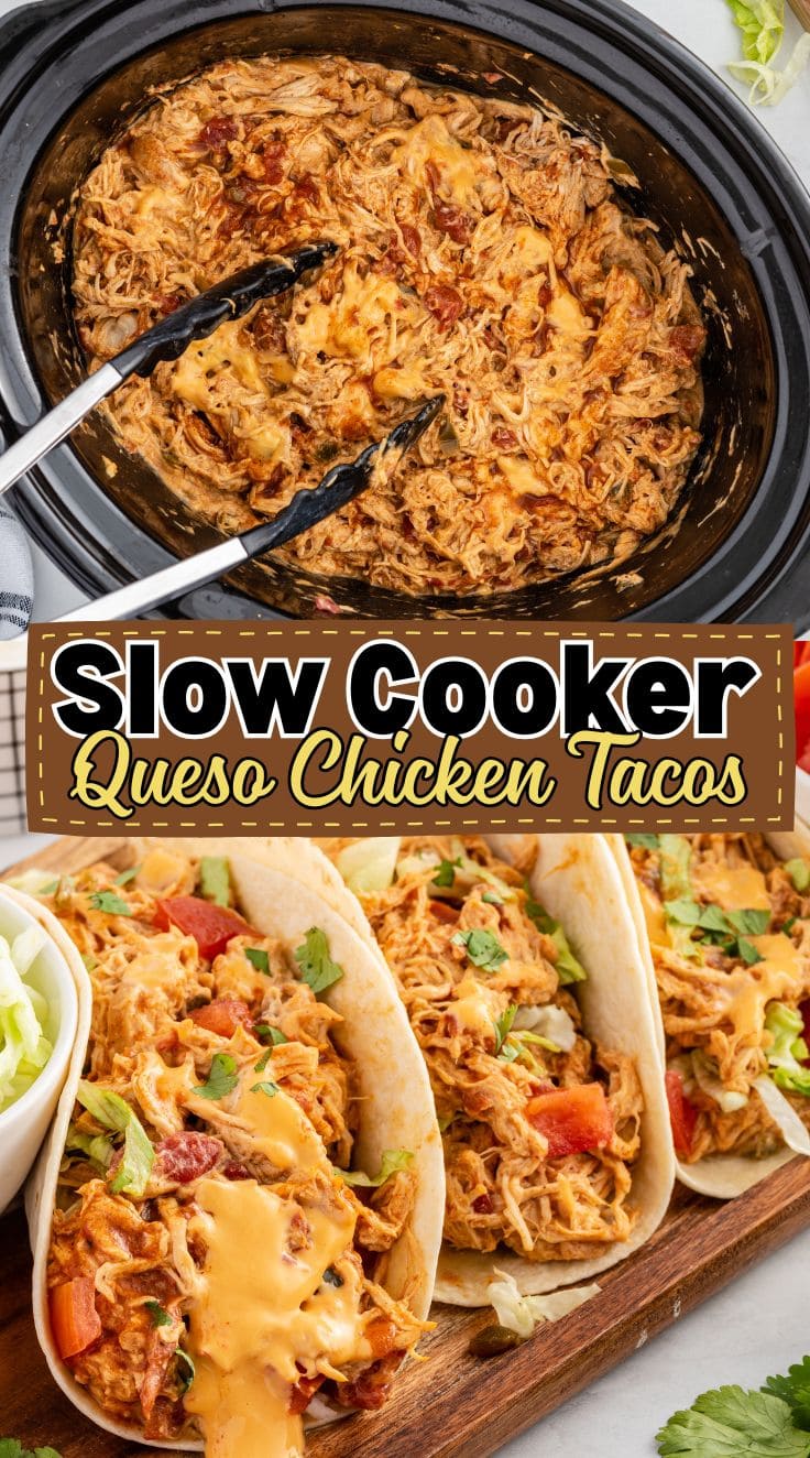 Three pieces of Slow Cooker Queso Chicken Tacos served on a wooden board