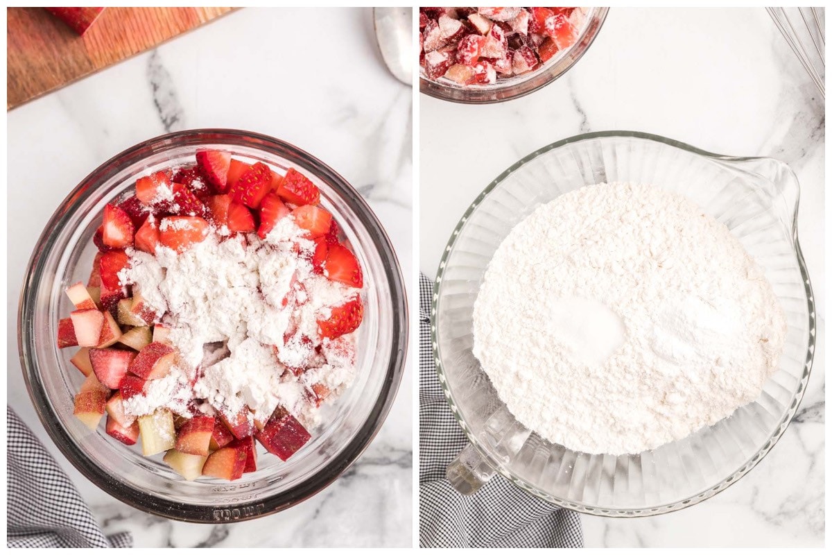 mix flour with strawberries and rhubarb