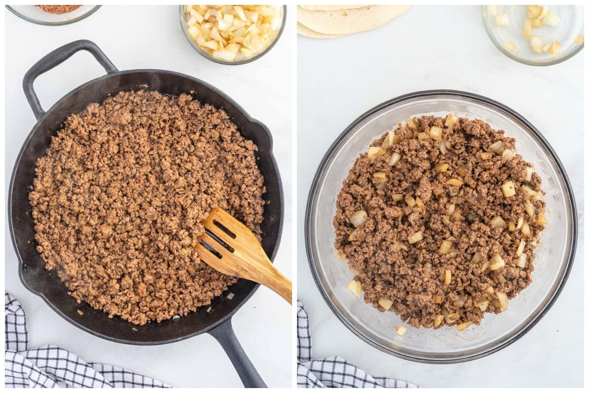 cook ground beef in a skillet