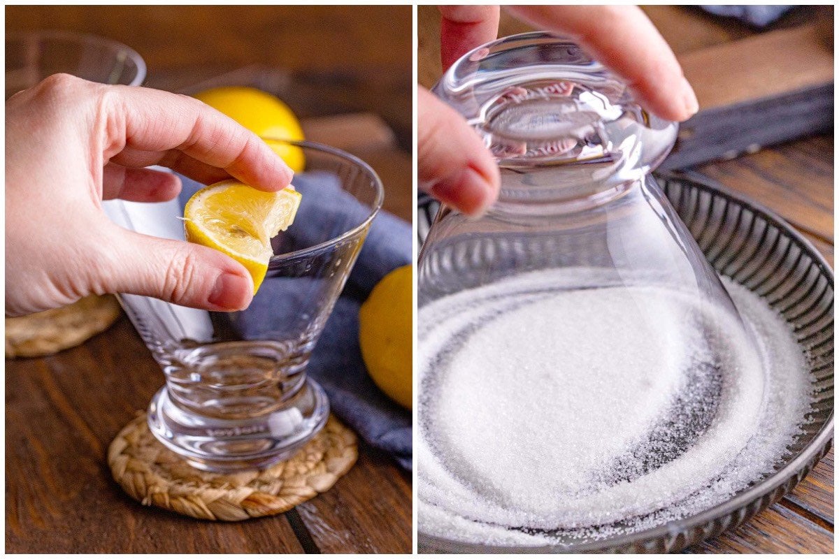 Rub the lemon wedge around the glass rim and dip it into a small plate of sugar