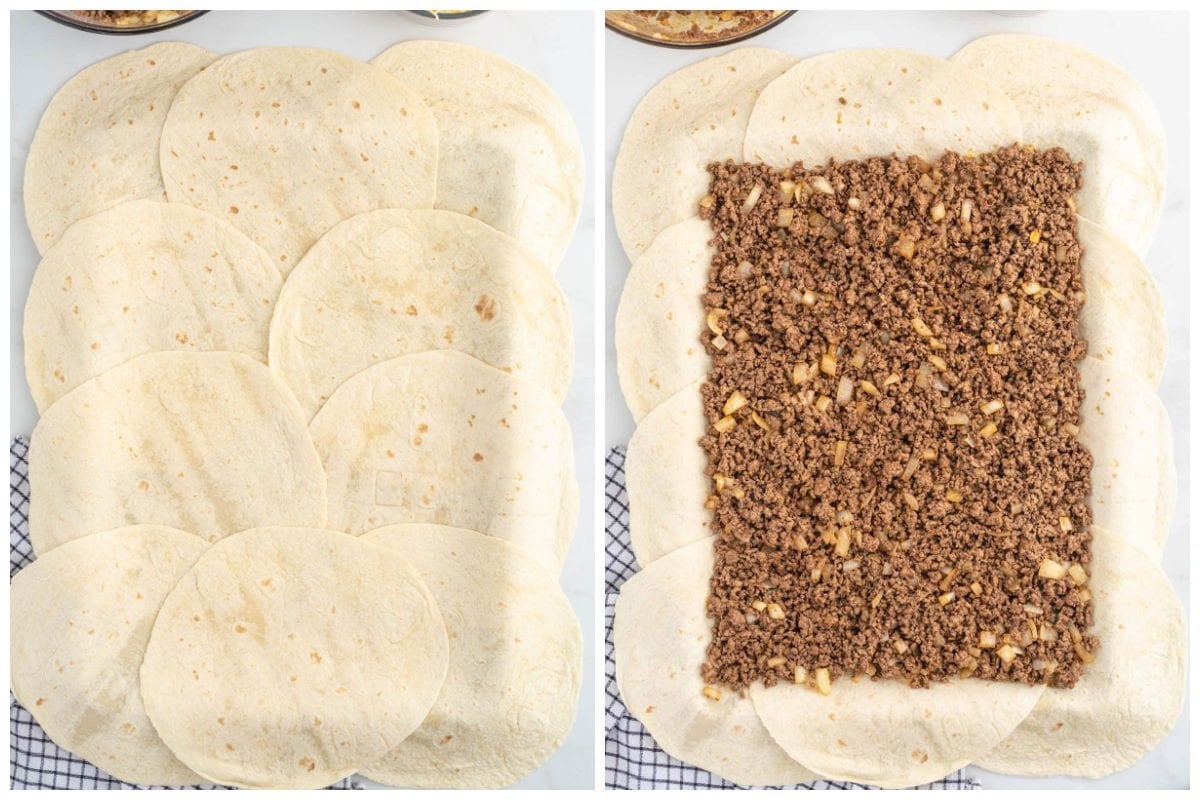 spread ground beef on the tortilla