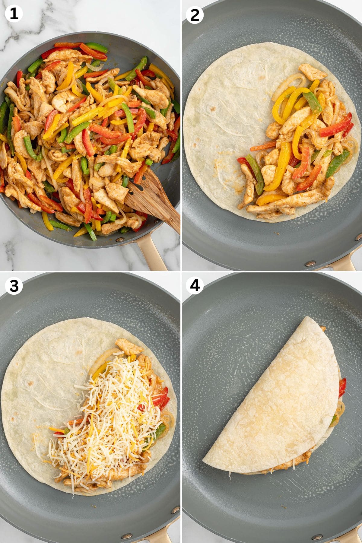 Saute the chicken and vegetables. Put the sauteed chicken and vegetables on the tortilla. Add cheese. Flip the other half of the tortilla on top of the cheese and chicken mixture.