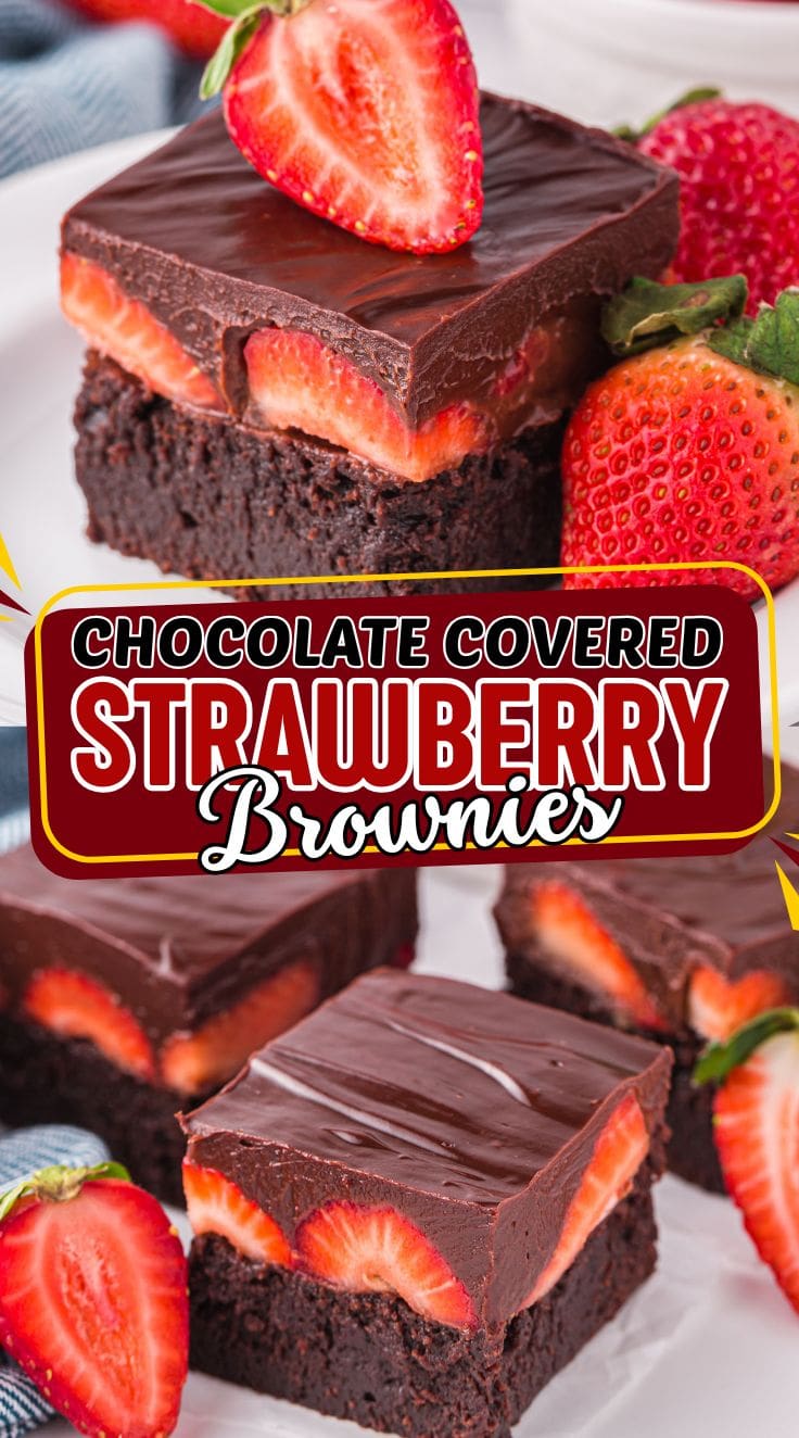 Rich and fudgy Chocolate Covered Strawberry Brownies on a plate.