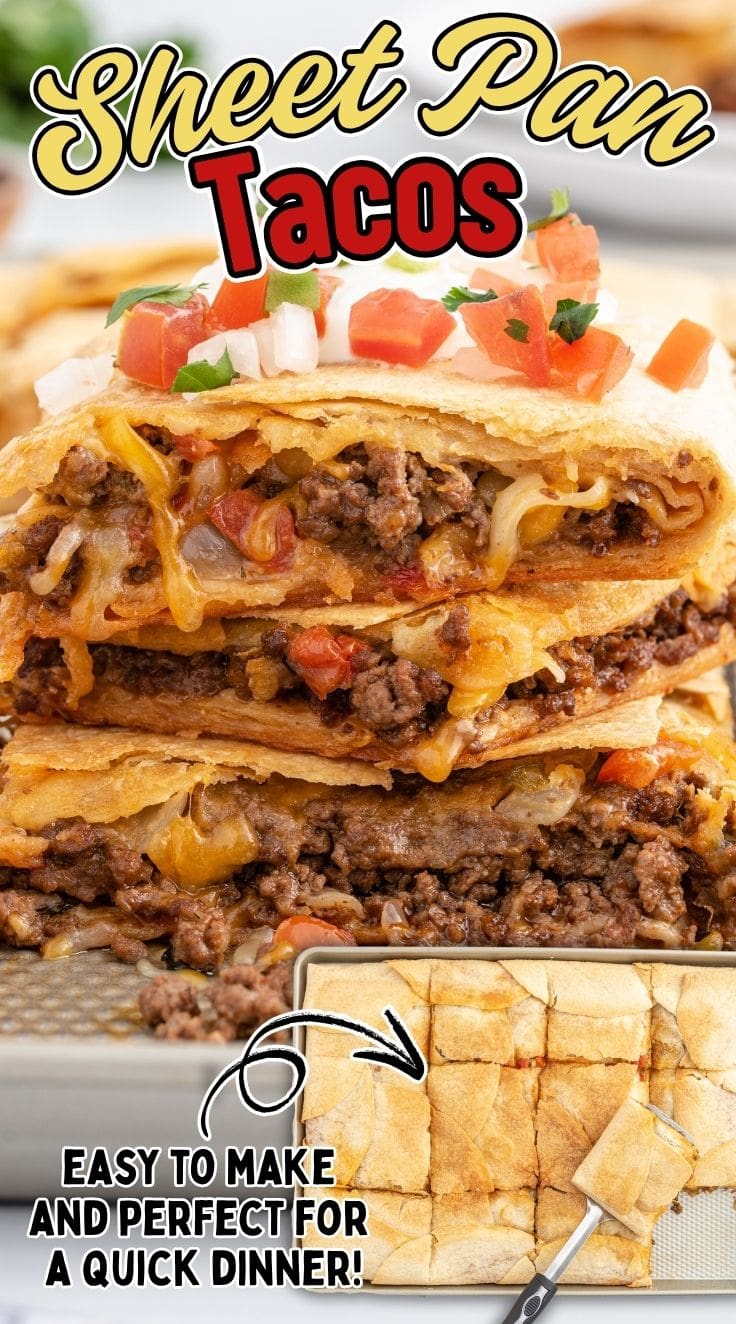 A stack of Sheet Pan tacos with juicy ground beef and cheese coming out of it