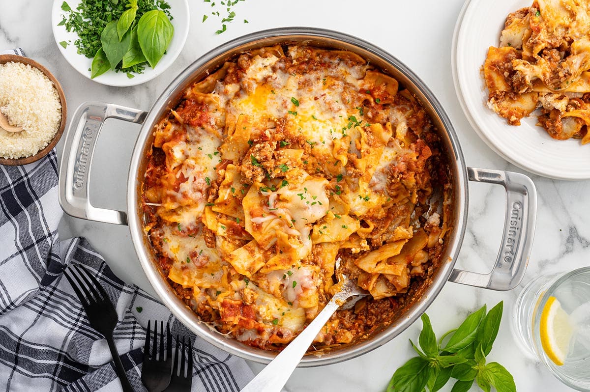 A top-down view of a skillet lasagna 