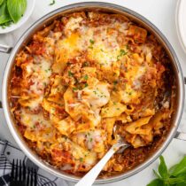 A close-up of a skillet lasagna.