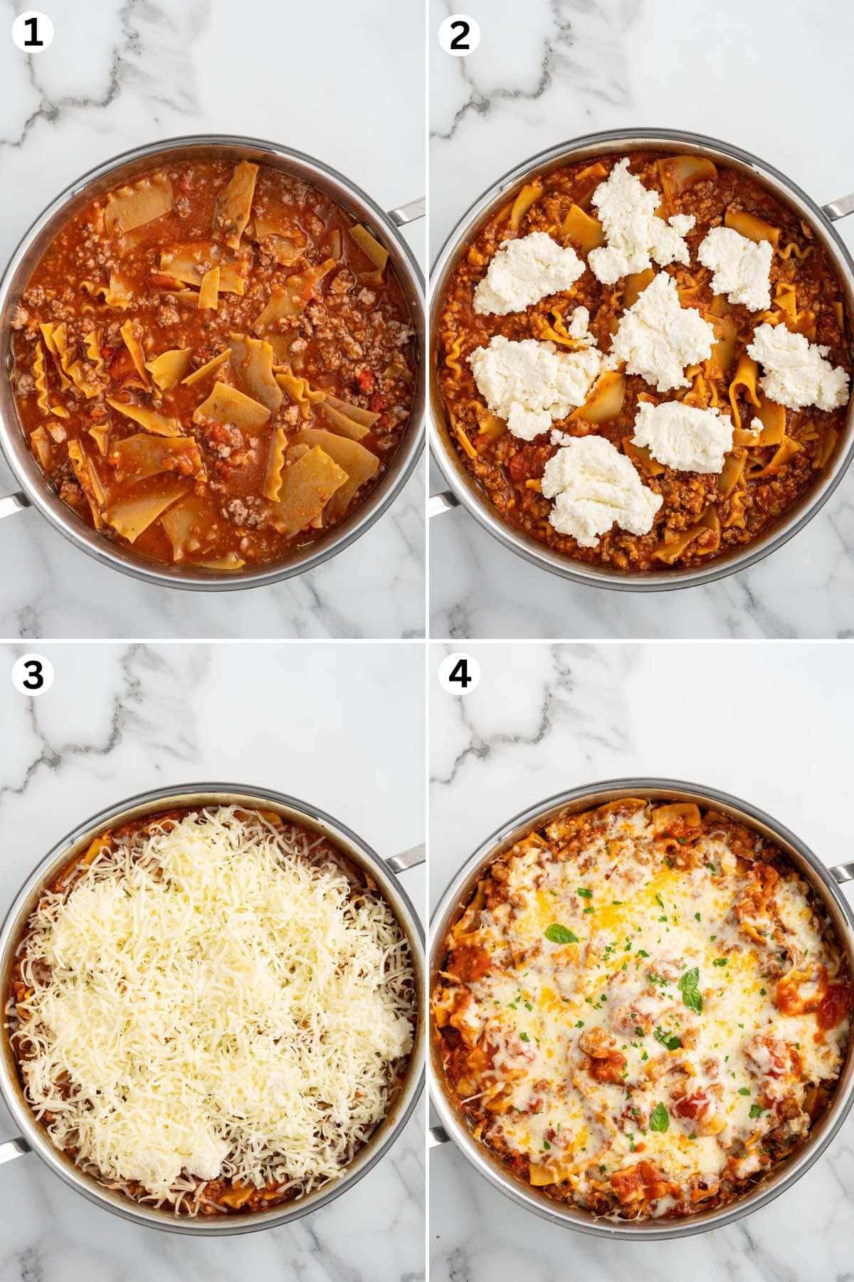 cook meat and sauce with broken noodles, add dollops of ricotta mixture, top with shredded cheese, and melt until bubbly.