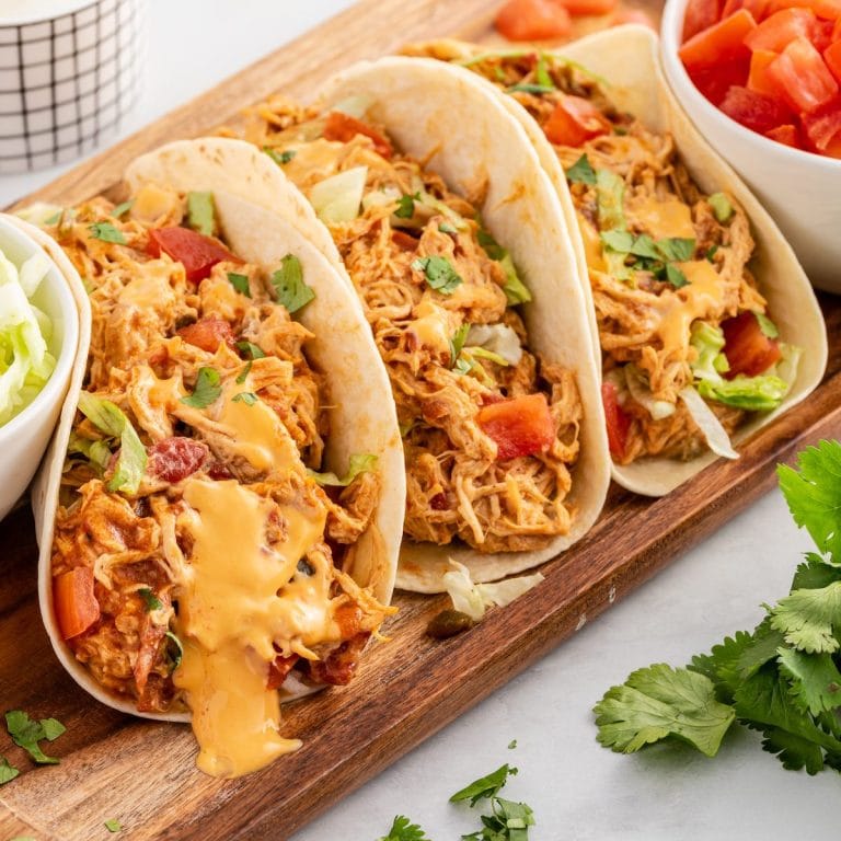slow cooker queso chicken tacos featured image