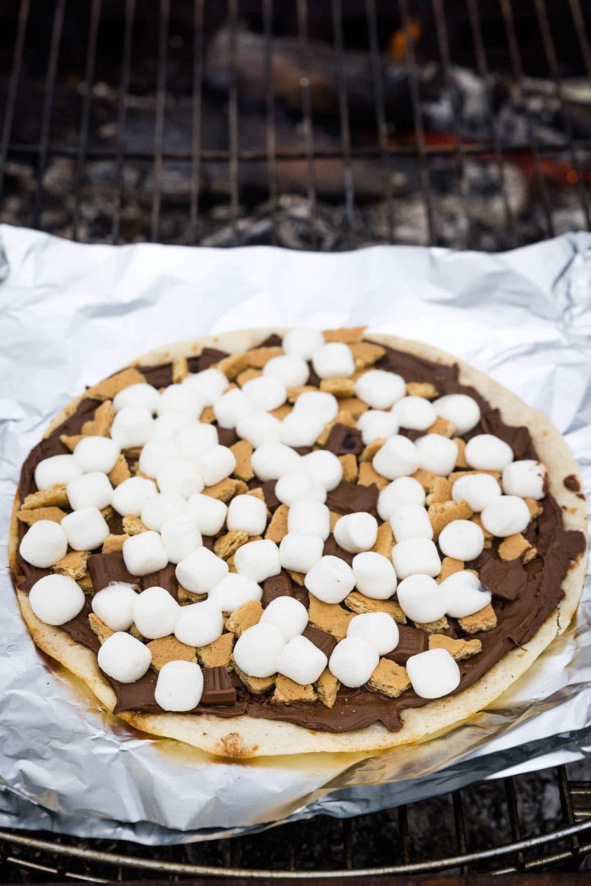 smores pizza on top of a foil
