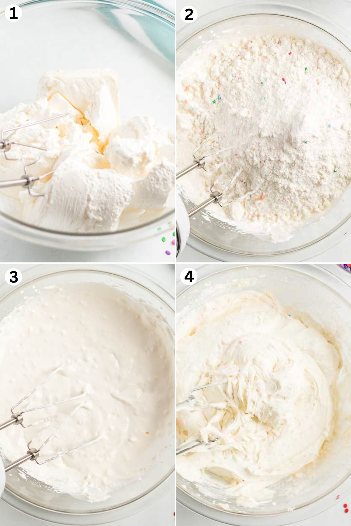 mix cream cheese and whipped topping, add Funfetti cake mix, and blend until smooth and creamy.