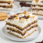 a slice of smores icebox cake on a plate.