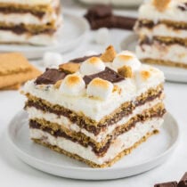 a slice of smores icebox cake on a plate.