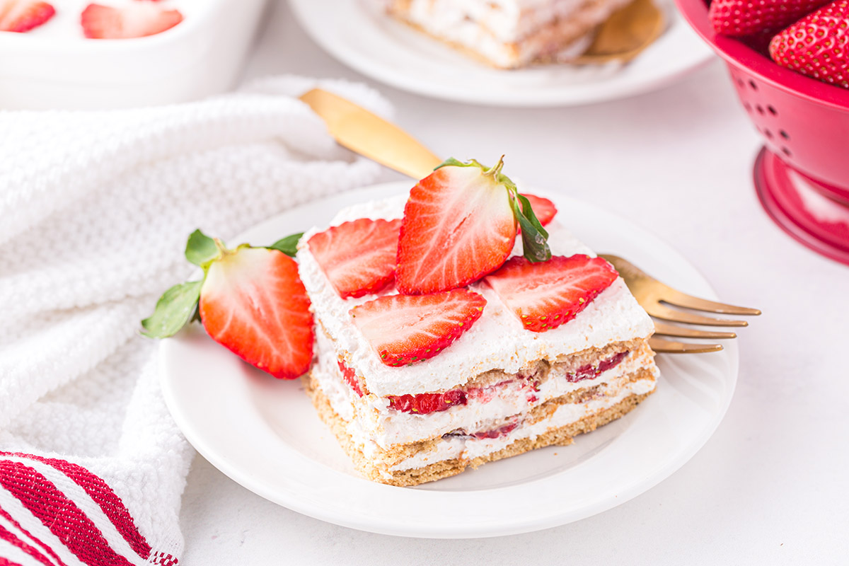 square slice of strawberry icebox cake