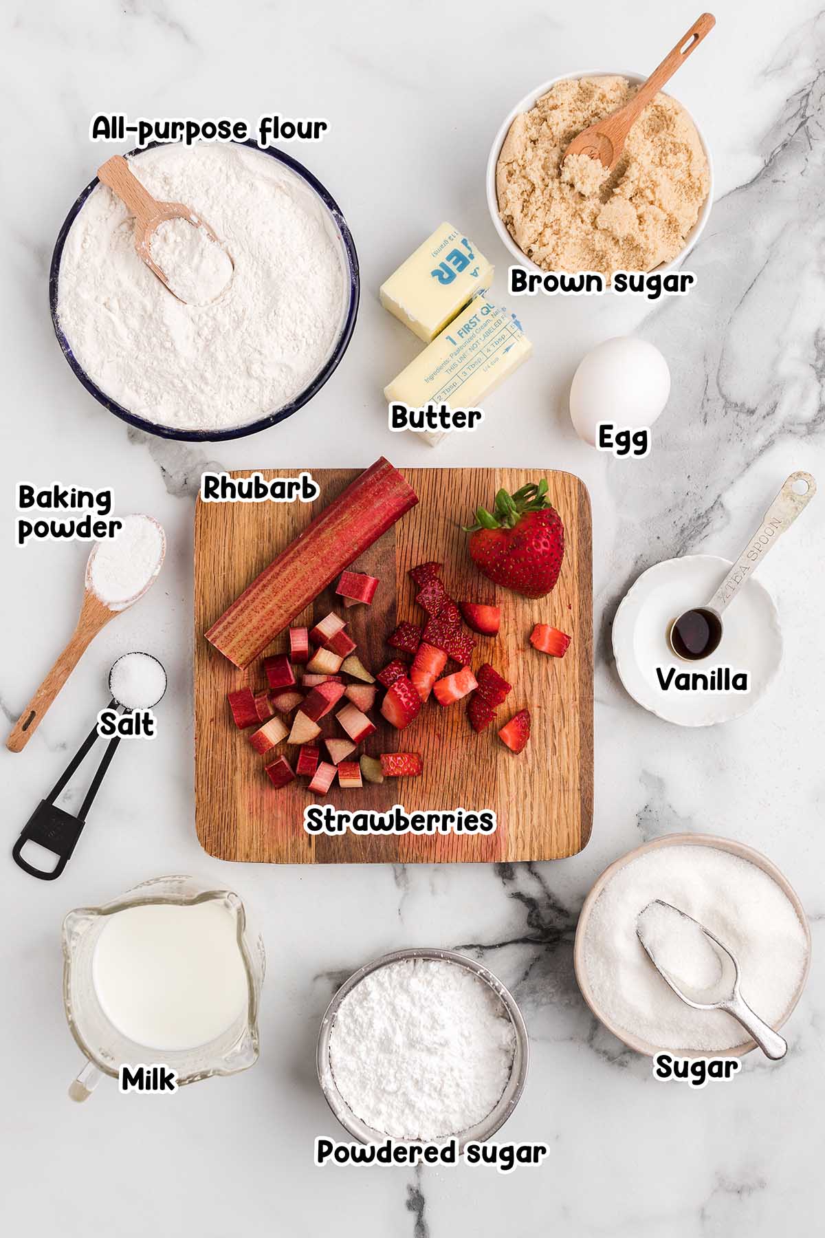 Strawberry Rhubarb Cake ingredients.