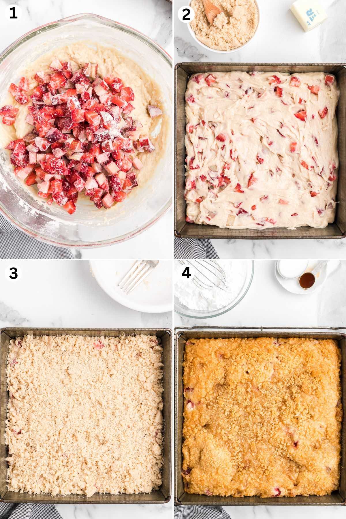 Strawberries and rhubarb are coated in flour, mixed into cake batter, topped with crumble, baked, and drizzled with glaze.
