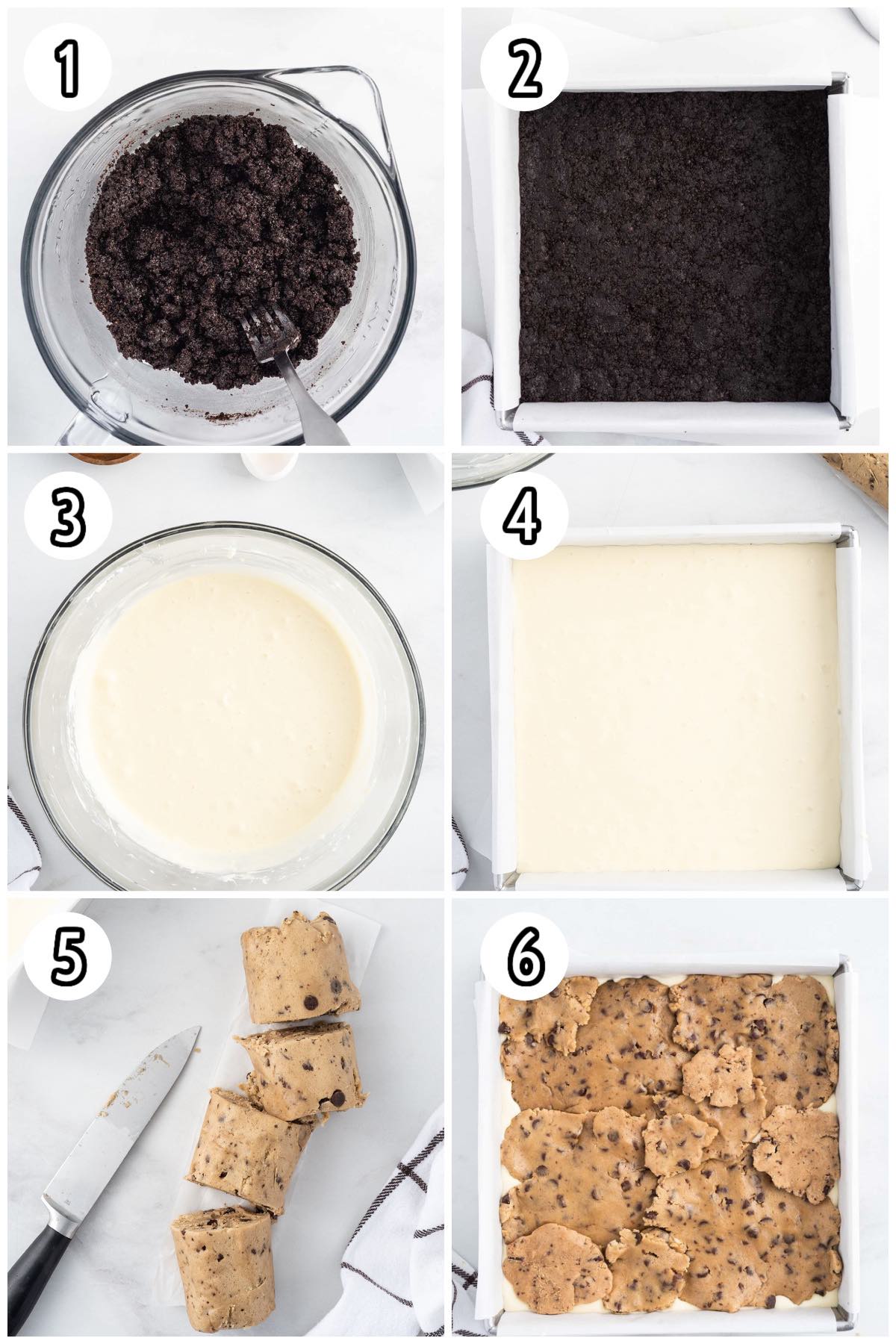 Oreo Chocolate Chip Cheesecake Cookie Bars process collage