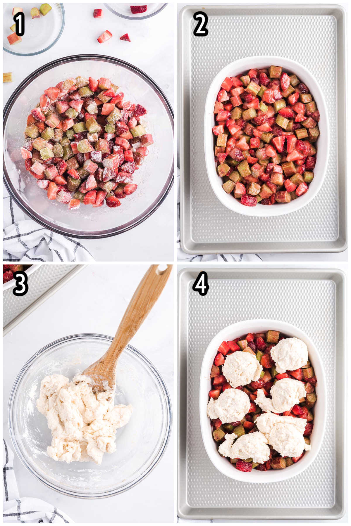 strawberry rhubarb cobbler step by step pictorial instructions.