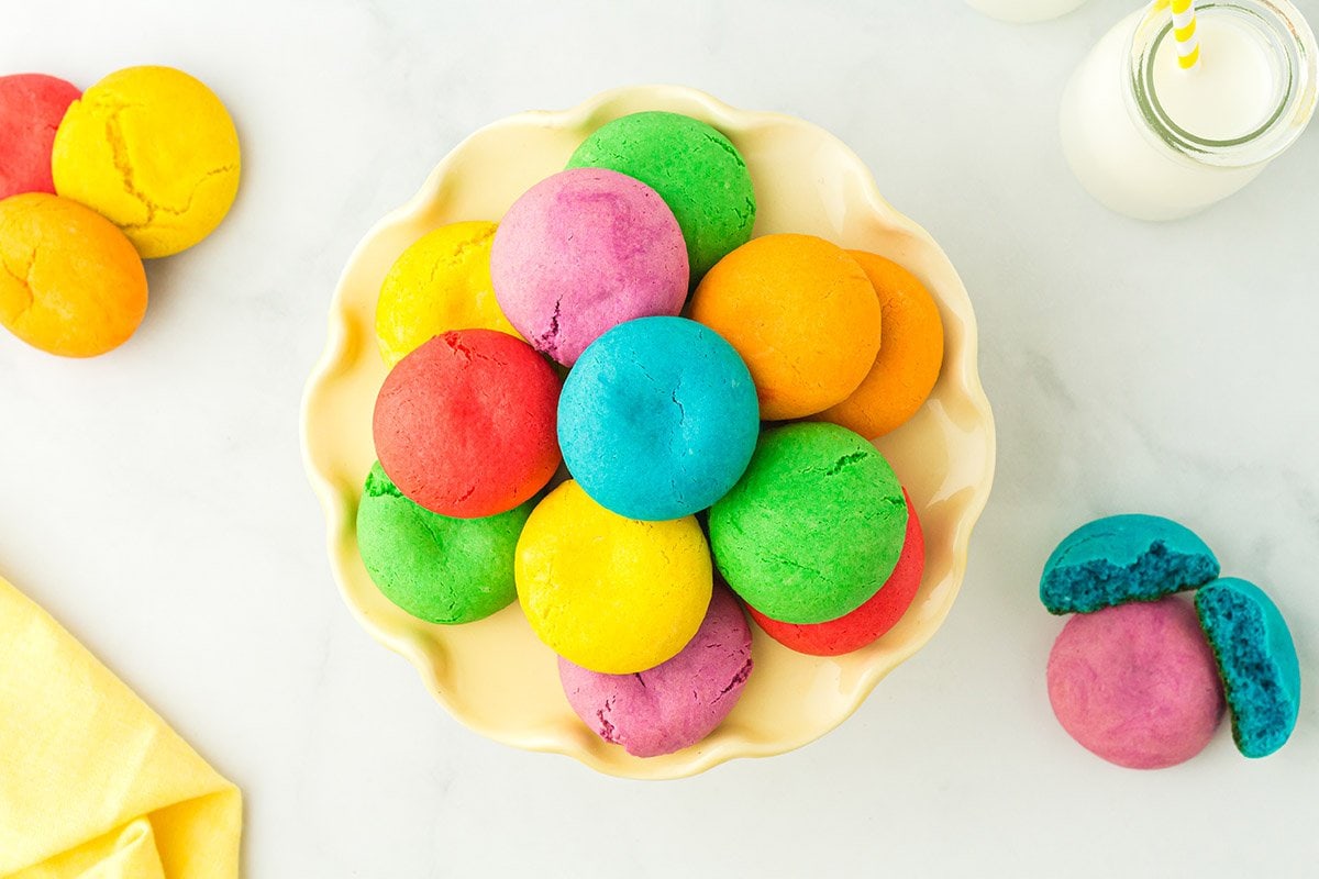 rainbow cake mix cookies on a plate